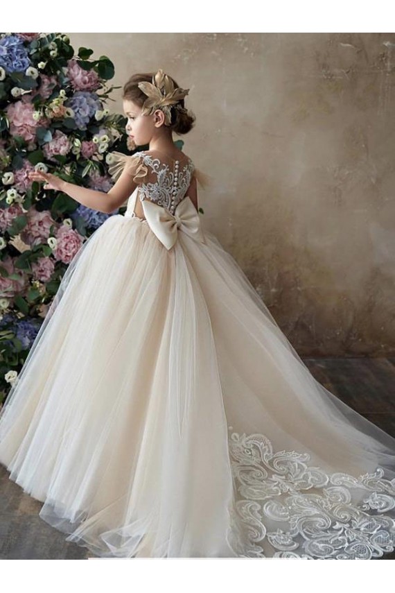 Magasins de Champagne Princesse Tulle Dentelle Longue Robes de demoiselle d'honneur - fillette