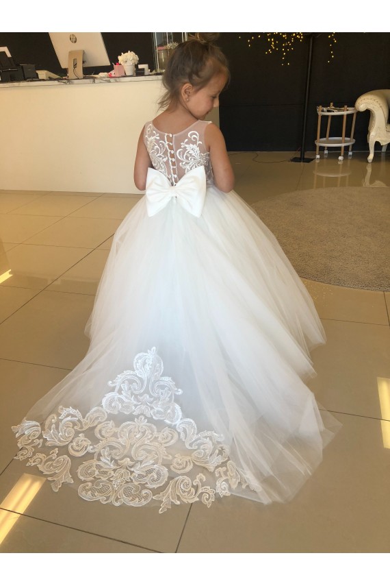 Magasins de Champagne Princesse Tulle Dentelle Longue Robes de demoiselle d'honneur - fillette