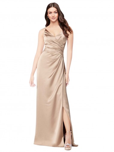 Magasins de Champagne Rose Trapèze Bretelles spaghetti Col V Satiné Soyeux Longue Formelles Robes demoiselle d'honneur / Robes de soirée / Robes de bal