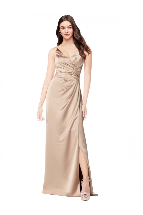 Magasins de Champagne Rose Trapèze Bretelles spaghetti Col V Satiné Soyeux Longue Formelles Robes demoiselle d'honneur / Robes de soirée / Robes de bal