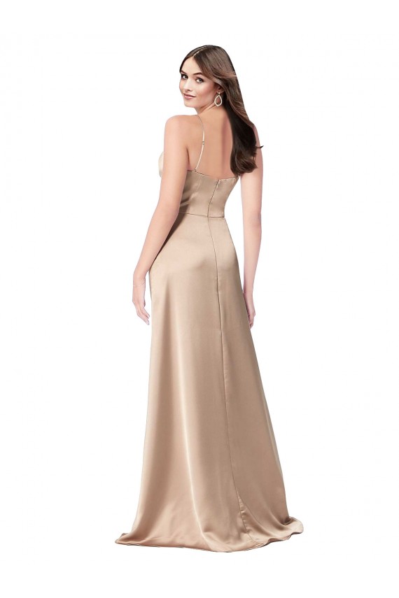 Magasins de Champagne Rose Trapèze Bretelles spaghetti Col V Satiné Soyeux Longue Formelles Robes demoiselle d'honneur / Robes de soirée / Robes de bal