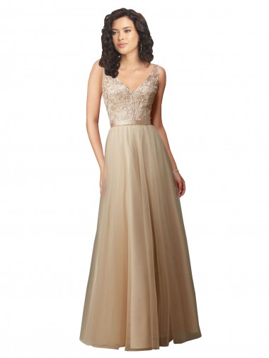 Magasins de Champagne Trapèze Col V Tulle Dentelle Longue Robes demoiselle d'honneur