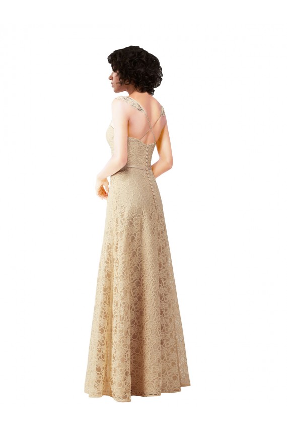 Magasins de Champagne Trapèze Dentelle Longue Robes demoiselle d'honneur