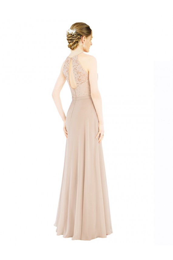 Magasins de Champagne Trapèze Licou Col Haut Mousseline Dentelle Longue Robes demoiselle d'honneur / Robes de bal
