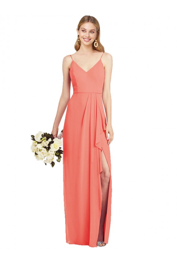 Magasins de Corail Trompette Bretelles spaghetti Col V Mousseline Longue Robes demoiselle d'honneur