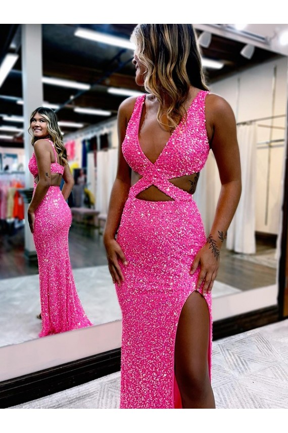 Magasins de Couleur affichée Fourreau Col V Balayage train Paillettes Velours Longue Robes de bal