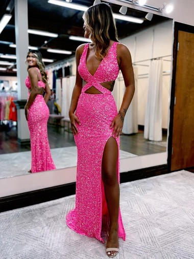 Magasins de Couleur affichée Fourreau Col V Balayage train Paillettes Velours Longue Robes de bal