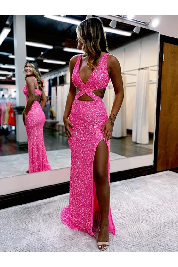 Magasins de Couleur affichée Fourreau Col V Balayage train Paillettes Velours Longue Robes de bal
