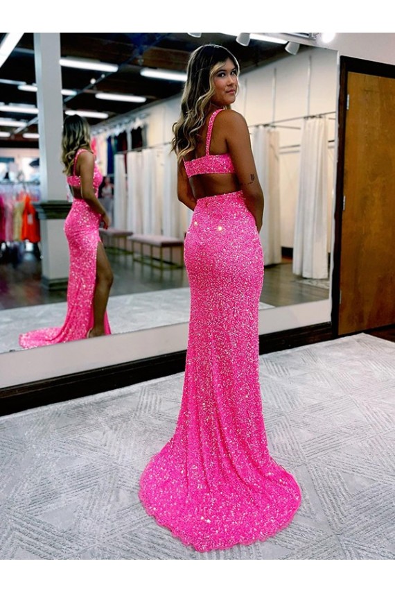 Magasins de Couleur affichée Fourreau Col V Balayage train Paillettes Velours Longue Robes de bal