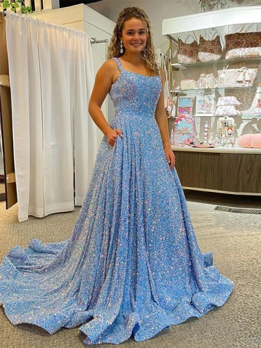 Magasins de Couleur affichée Trapèze Scoop Traîne moyenne Paillettes Velours Longue Robes de bal