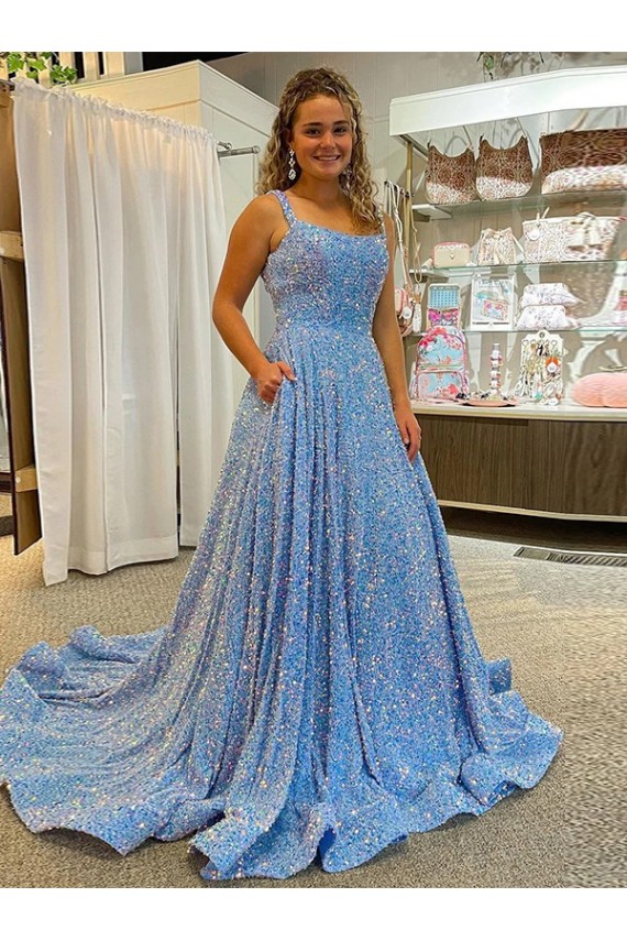 Magasins de Couleur affichée Trapèze Scoop Traîne moyenne Paillettes Velours Longue Robes de bal