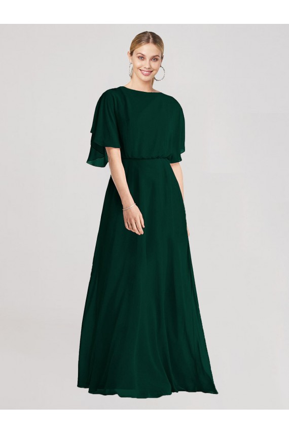 Magasins de Evergreen Trapèze Col rond Mousseline Longue Robes demoiselle d'honneur
