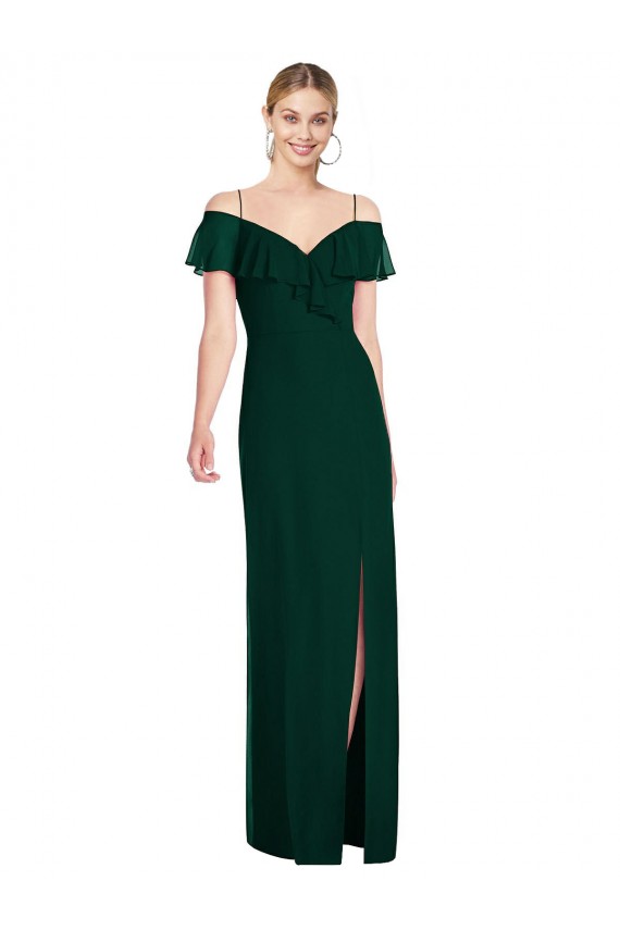 Magasins de Evergreen Trompette Bretelles spaghetti Mousseline Longue Robes demoiselle d'honneur