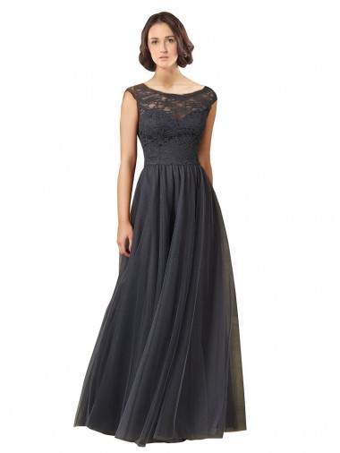 Magasins de Gris ardoise Trapèze Bateau Tulle Dentelle Longue Robes demoiselle d'honneur