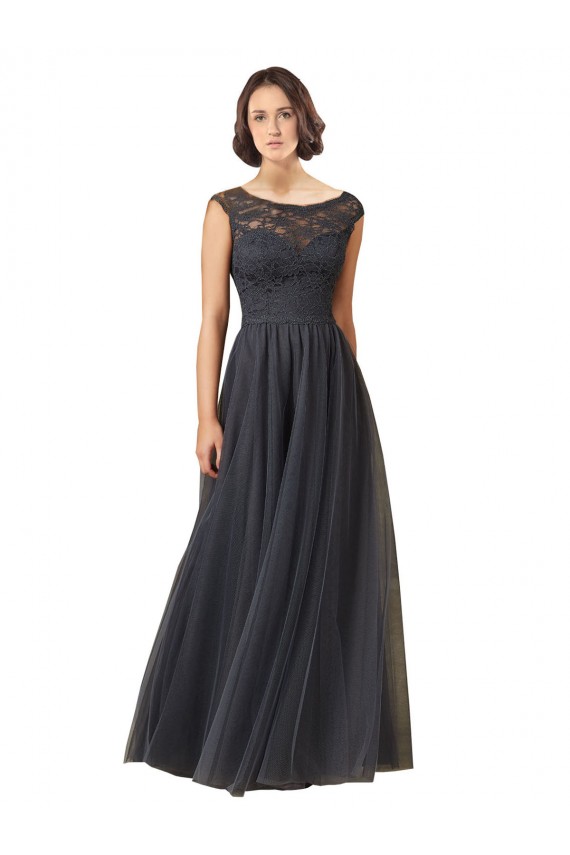 Magasins de Gris ardoise Trapèze Bateau Tulle Dentelle Longue Robes demoiselle d'honneur
