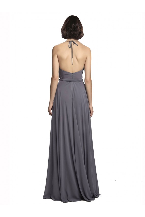 Magasins de Gris ardoise Trapèze Bretelles spaghetti Mousseline Longue Robes demoiselle d'honneur