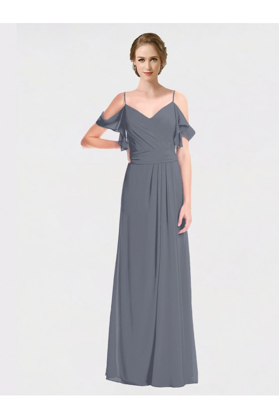 Magasins de Gris ardoise Trapèze Épaule Dénudée Col V Mousseline Longue Robes demoiselle d'honneur
