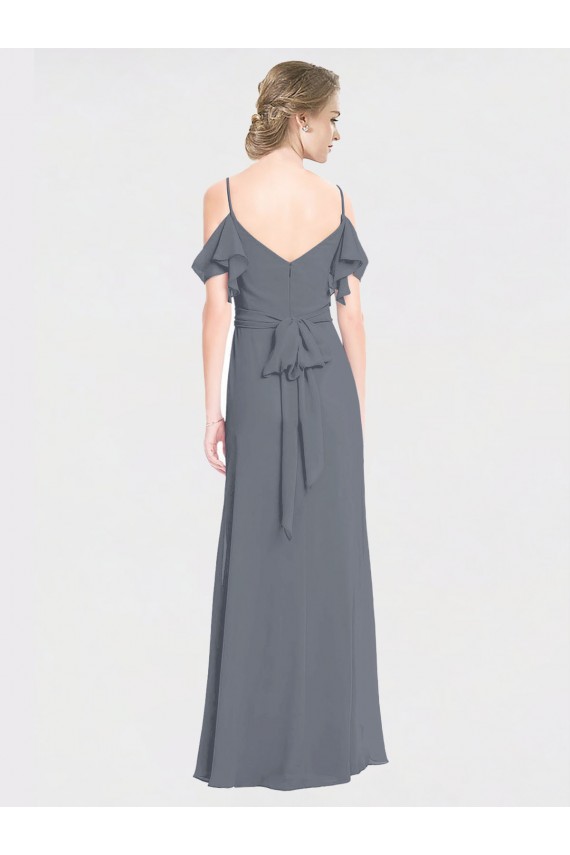 Magasins de Gris ardoise Trapèze Épaule Dénudée Col V Mousseline Longue Robes demoiselle d'honneur