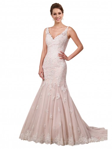 Magasins de Ivoire & Blush Sirène Col V Tulle Dentelle Robes de mariée