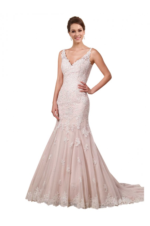 Magasins de Ivoire & Blush Sirène Col V Tulle Dentelle Robes de mariée