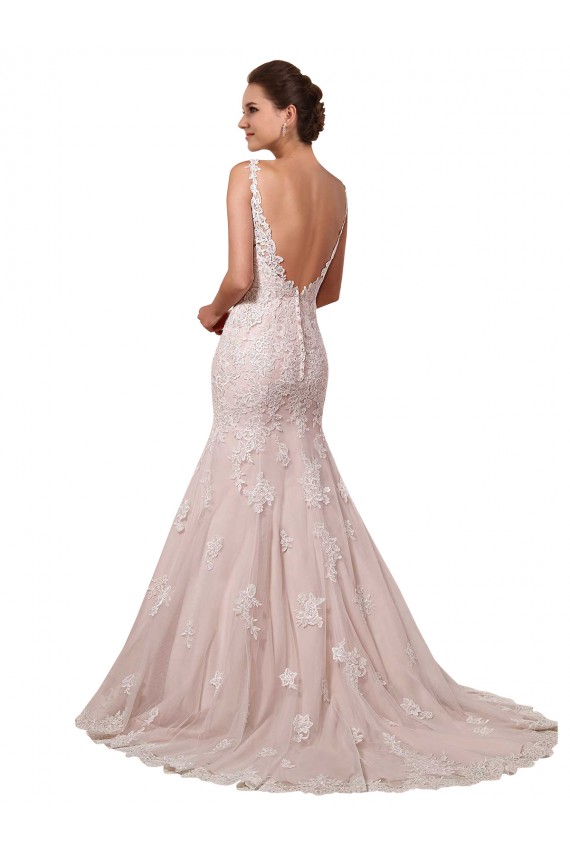 Magasins de Ivoire & Blush Sirène Col V Tulle Dentelle Robes de mariée