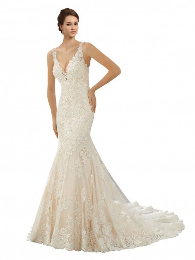 Magasins de Ivoire & Champagne Sirène Col V Dentelle Robes de mariée