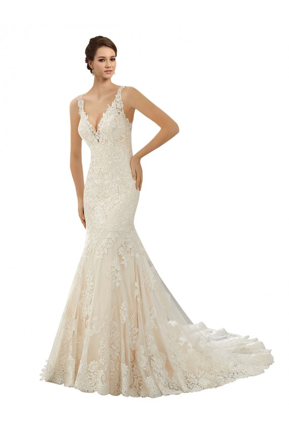 Magasins de Ivoire & Champagne Sirène Col V Dentelle Robes de mariée