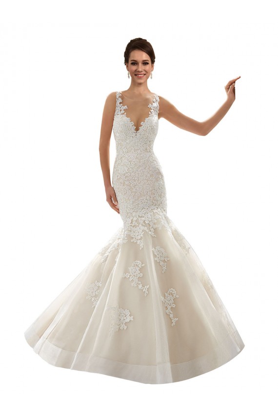Magasins de Ivoire & Champagne Sirène Col V Tulle Dentelle Classique Robes de mariée