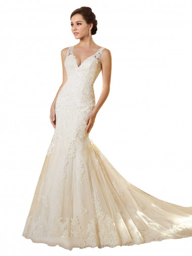 Magasins de Ivoire & Champagne Sirène Col V Tulle Dentelle Robes de mariée