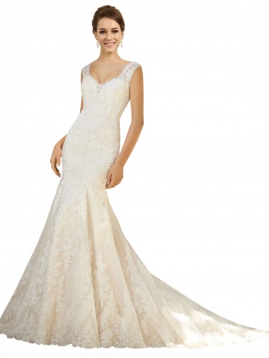 Magasins de Ivoire & Champagne Sirène Col V Tulle Dentelle Robes de mariée