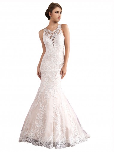Magasins de Ivoire & Champagne Sirène Illusion Traîne cathédrale Tulle Dentelle Robes de mariée
