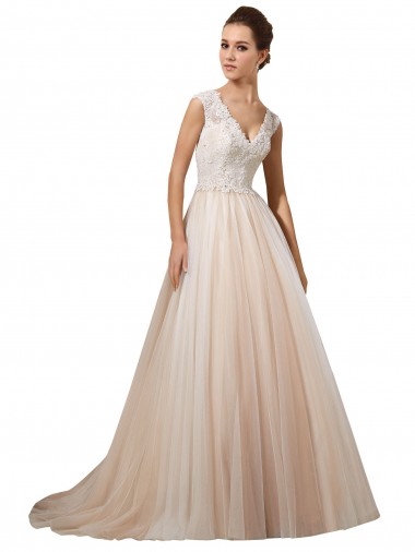 Magasins de Ivoire & Champagne Trapèze Col V Tulle Dentelle Robes de mariée