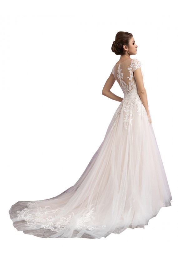 Magasins de Ivoire & Champagne Trapèze Illusion Traîne cathédrale Tulle Dentelle Plage Robes de mariée
