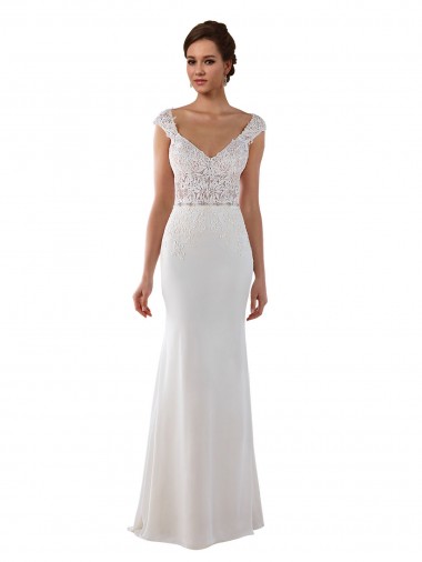 Magasins de Ivoire Fourreau Col V Dentelle Crêpe Stretch Robes de mariée