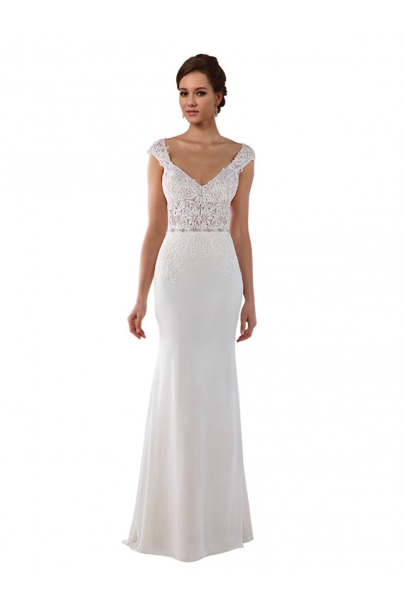 Magasins de Ivoire Fourreau Col V Dentelle Crêpe Stretch Robes de mariée
