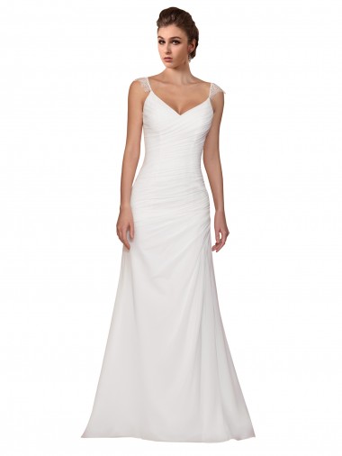 Magasins de Ivoire Fourreau Col V Mousseline Robes de mariée