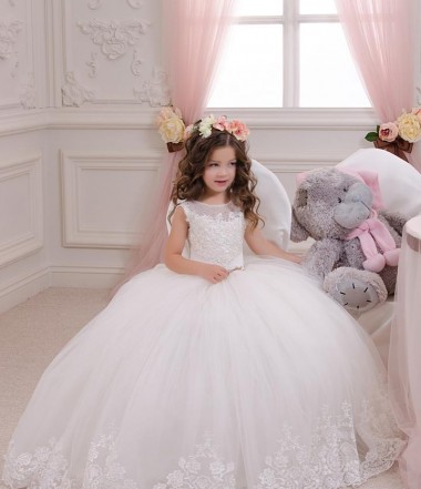 Magasins de Ivoire Princesse Bateau Tulle Dentelle Longue Robes de demoiselle d'honneur - fillette