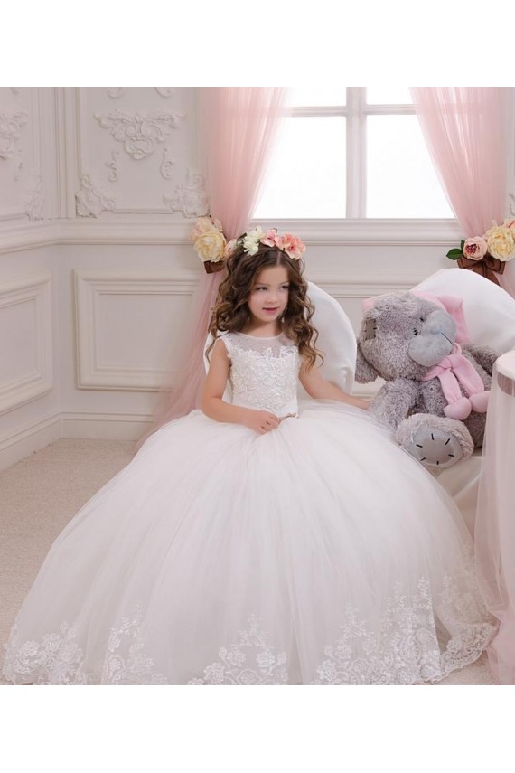 Magasins de Ivoire Princesse Bateau Tulle Dentelle Longue Robes de demoiselle d'honneur - fillette