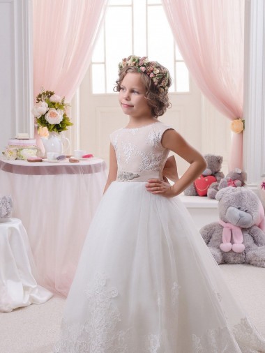 Magasins de Ivoire Princesse Bateau Tulle Dentelle Longue Robes de demoiselle d'honneur - fillette