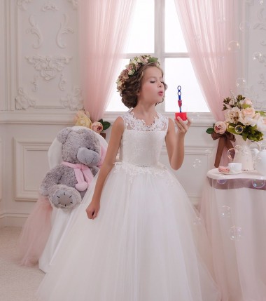 Magasins de Ivoire Princesse Col Haut Tulle Dentelle Longue Robes de demoiselle d'honneur - fillette