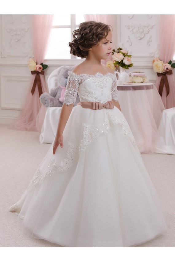 Magasins de Ivoire Princesse Col Haut Tulle Dentelle Longue Robes de demoiselle d'honneur - fillette