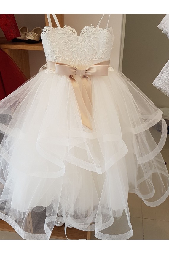 Magasins de Ivoire Princesse Col Haut Tulle Dentelle Longue Robes de demoiselle d'honneur - fillette