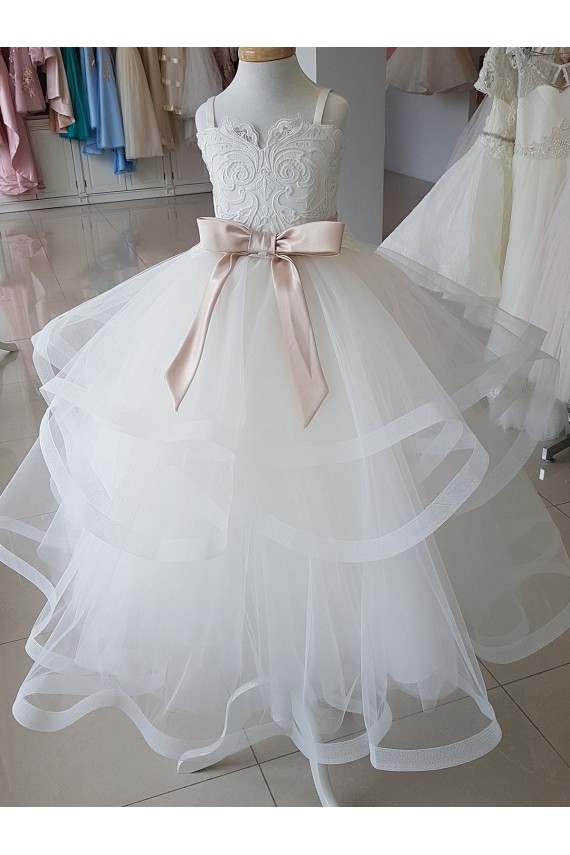 Magasins de Ivoire Princesse Col Haut Tulle Dentelle Longue Robes de demoiselle d'honneur - fillette