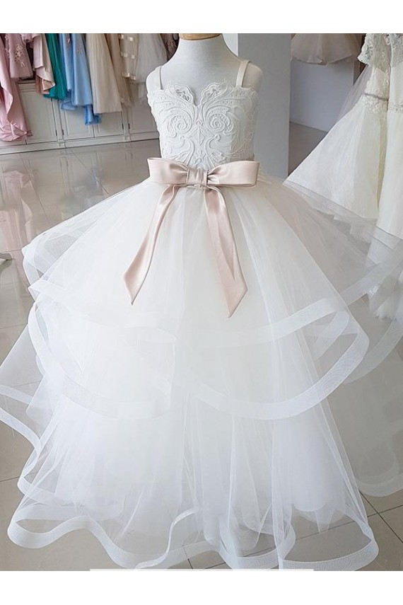 Magasins de Ivoire Princesse Col Haut Tulle Dentelle Longue Robes de demoiselle d'honneur - fillette