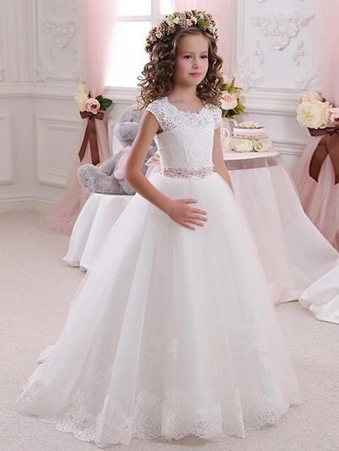 Magasins de Ivoire Princesse Col Haut Tulle Dentelle Longue Robes de demoiselle d'honneur - fillette