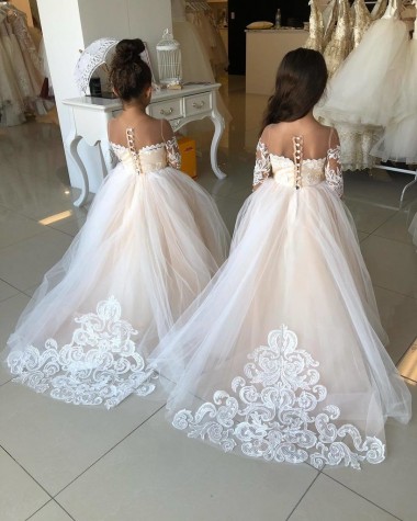 Magasins de Ivoire Princesse Tulle Dentelle Longue Robes de demoiselle d'honneur - fillette