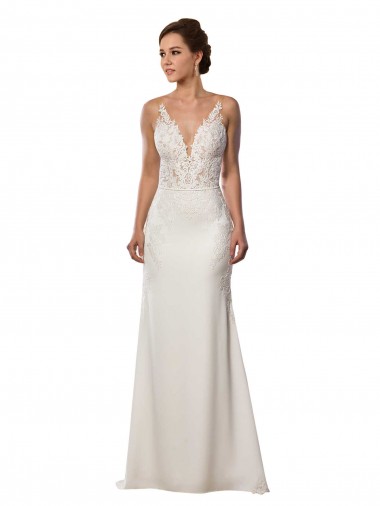 Magasins de Ivoire Sirène Col V Dentelle Crêpe Stretch Robes de mariée