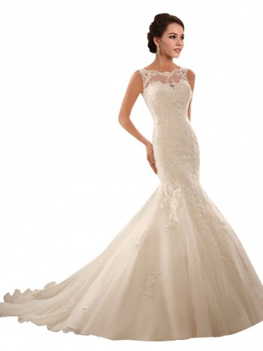 Magasins de Ivoire Sirène Illusion Tulle Dentelle Robes de mariée