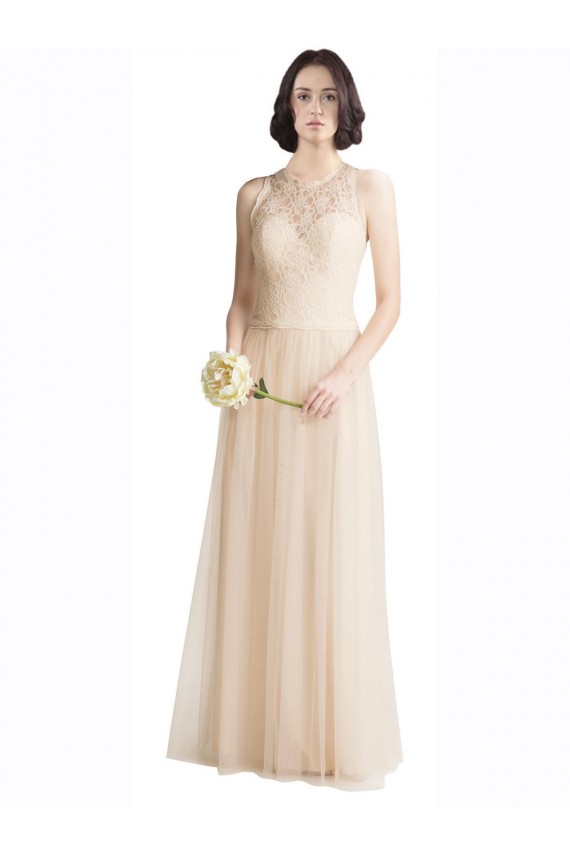 Magasins de Ivoire Trapèze Bateau Illusion Tulle Dentelle Longue Robes demoiselle d'honneur