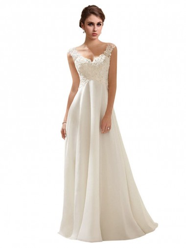 Magasins de Ivoire Trapèze Col V Balayage train Mousseline Dentelle Robes de mariée